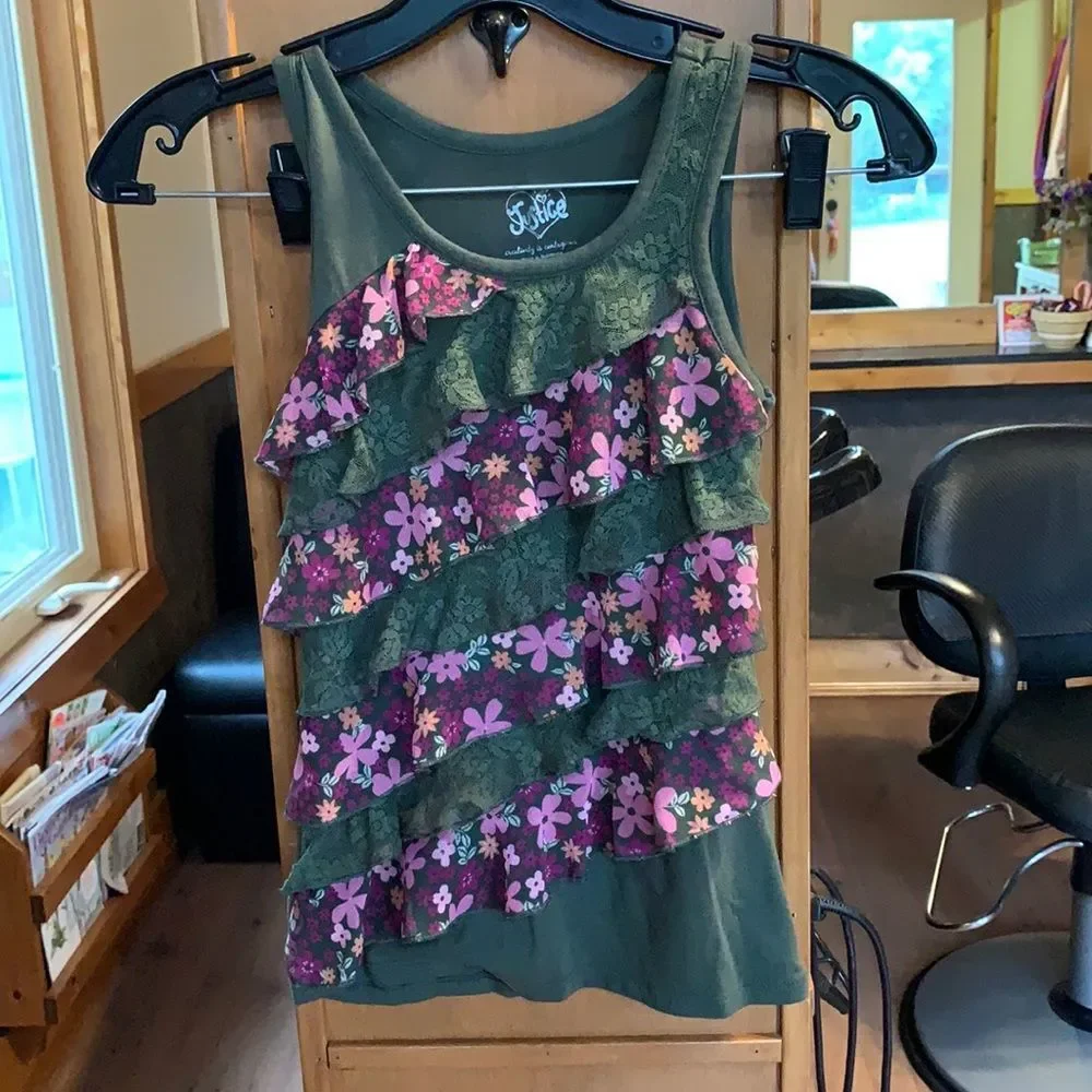 ❗️3/$23 Girls Justice Floral Lace Boho Western Ruffle Tank Top